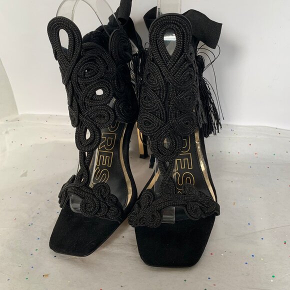 Express x Brian Atwood Black Macrame Lace up Ankle Stiletto Sandals Tassel Tie - Picture 5 of 16